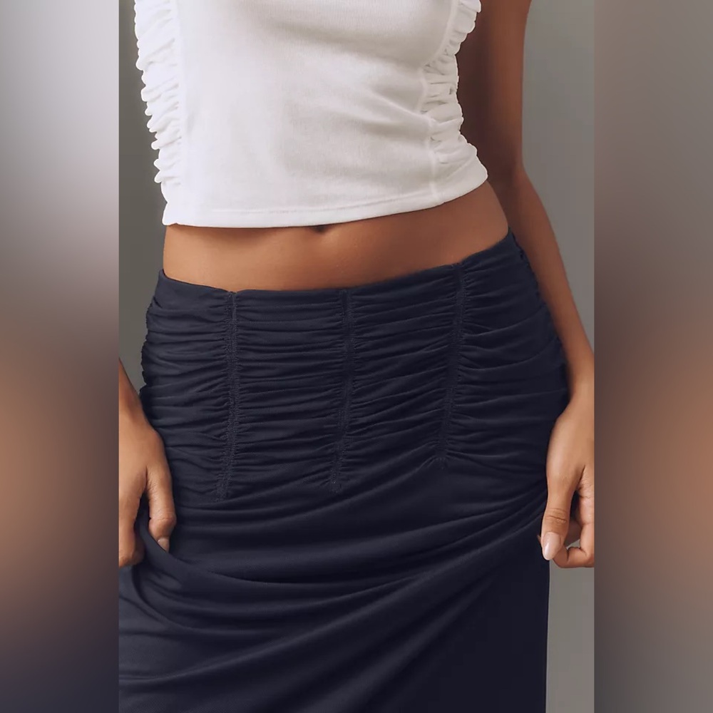 Anthropologie Maeve Dark Navy Blue Ruched Yoke Column Maxi Skirt - Picture 2 of 6